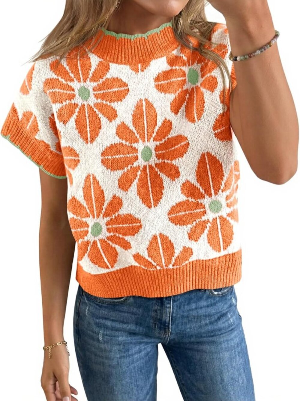 Floral Short Sleeve Sweater Top - Vintage Crew Neck Loose Knit Summer Pullover